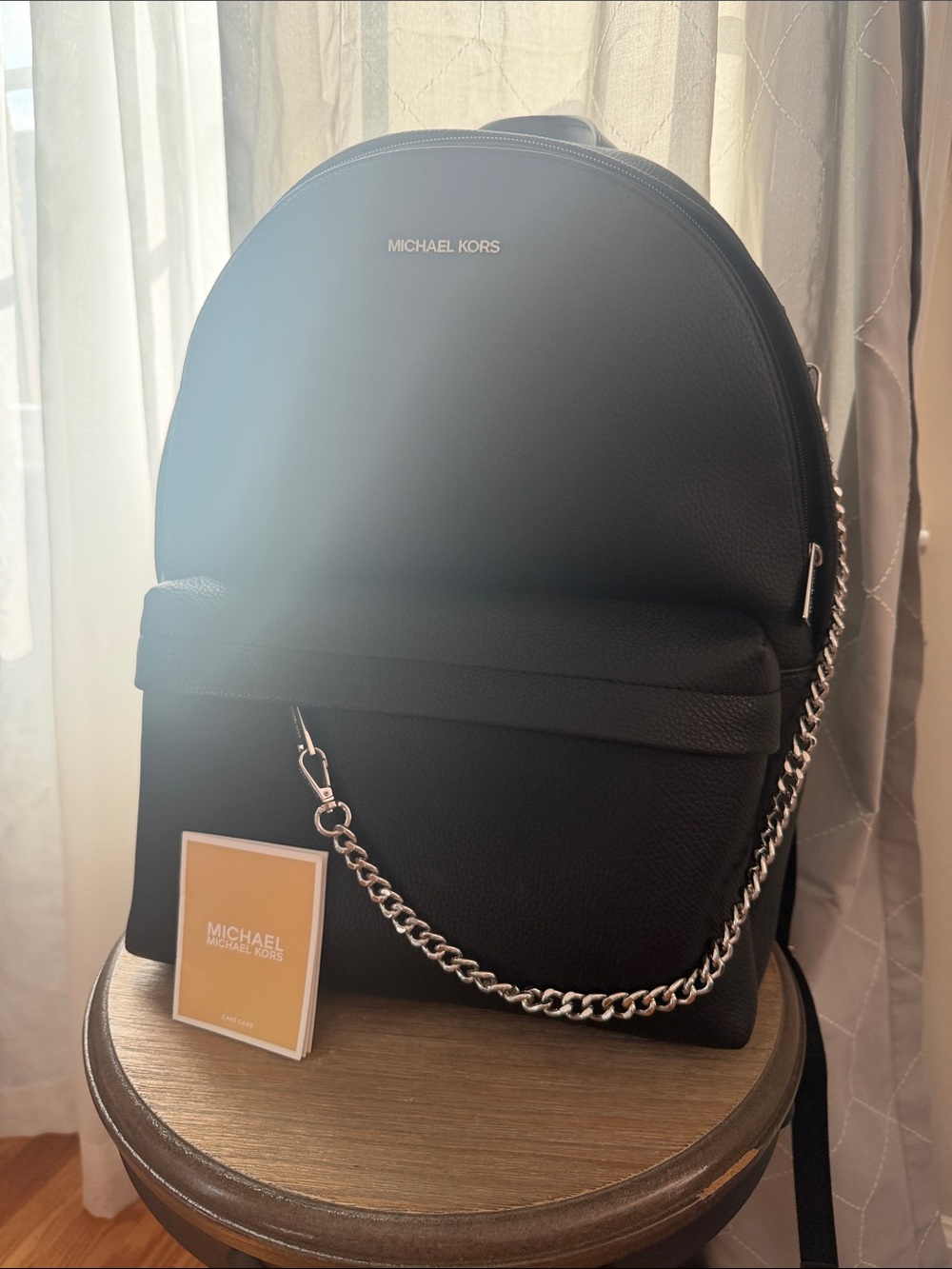 Michael Kors Black Pebbled Leather Backpack with Chain Accent